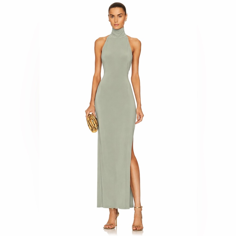 Norma Kamali Sage Green Halter Maxi Dress
